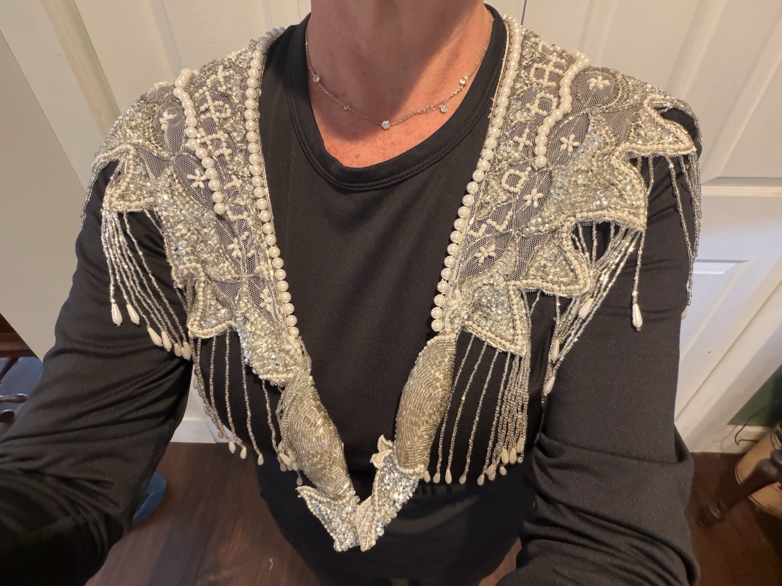 Vintage Beaded Sequin Silver White Pearls Elegant Wrap Shawl Capelet NYE FORMAL