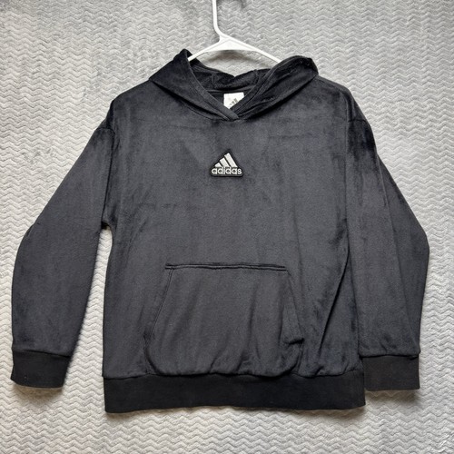 Adidas Hoodie Girls Size Large (14) Black Velour Activewear Pullover Streetwear