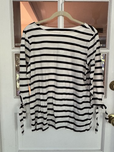 Old Navy T-shirt donna S top a righe collo barca cravatta manica 3/4 nautica nera - Foto 6 di 8