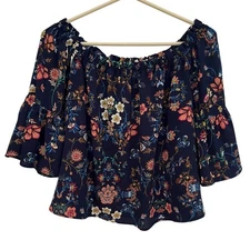 Love Tree Womens L Navy Blue Floral Blouse Bell Sleeves Off The Shoulder Relaxed