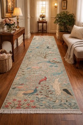 Wool Hand Knotted Runner Rug Bird Floral Vintage Hallway Carpet Custom