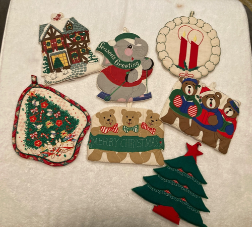 Set of 7 Vintage Christmas Fabric wall Art Decorations pot holders - Picture 1 of 6