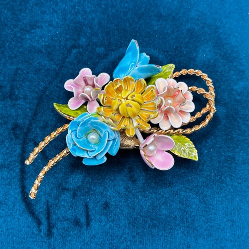 Vintage Emaille Foral Bouquet Brosche goldfarben mehrfarbig Kunstperlen 3 Zoll - Bild 1 von 12