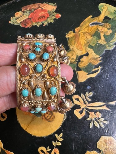 Rare Antique silver gilt turquoise coral carnelian bangle w/gem tassel -5cm 75g - Picture 6 of 24