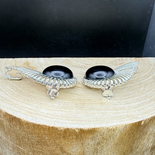 Vintage Sarah Coventry Wing Earrings Silver Tone Black Cabochon 3” Clip Ons - Picture 3 of 9