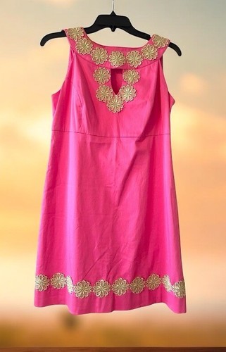Lilly Pulitzer Womens Barbie Pink Shift Dress Gold Lace Accents Size 4