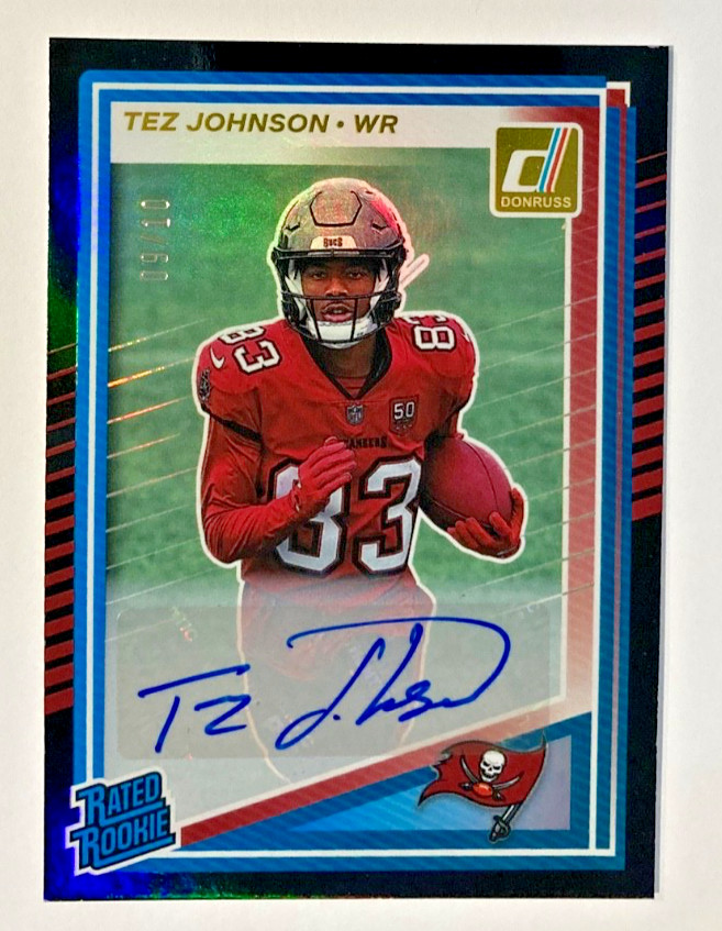 2025 DONRUSS TEZ JOHNSON RATED ROOKIE AUTO BLACK PRIZM SP #/10 BUCCANEERS SSP