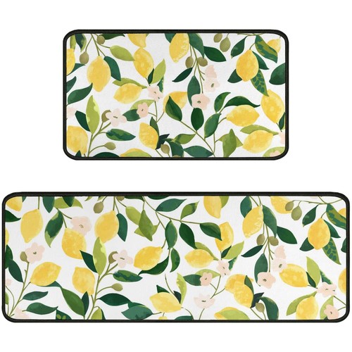 Lemon Kitchen Rugs and Mats Set of 2,Spring Summer Kitchen Decoration Rubber ...