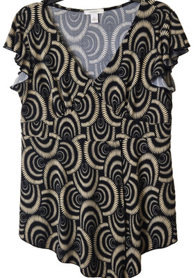 Dress Barn Y2K VTG Babydoll Top Ruffle Slv Psychedelic Black Cream Stretch Sz XL