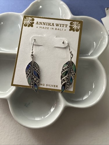 Annika Witt Sterling Silver Abalone Feather Leaf Drop Earrings Bali Artisan New - Picture 1 of 3