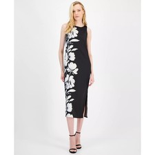 Anne Klein Cascading Asymmetrical Floral Midi Black/White Dress NWT