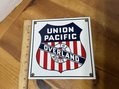 Union Pacific Zug Eisenbahn Schild Porzellan emailliert (The Overland Route) Vintage