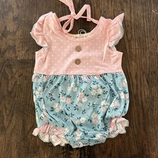 Marie Nicole Baby Girls 6-12 M Blue Pink Floral One Piece Ruffle Boutique Outfit