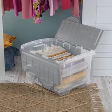 Sterilite, 48 Quart Clear Storage Bin, Hinged Lid Storage Container, Titanium