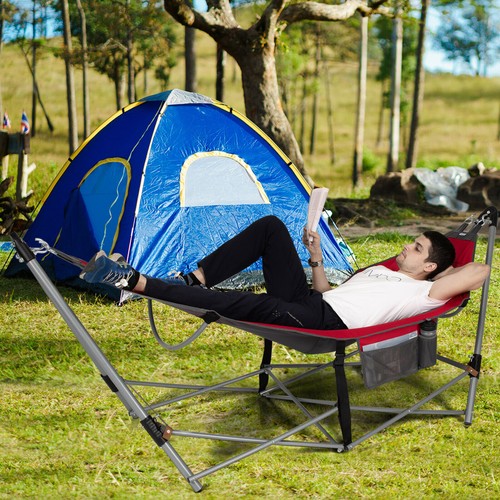 Folding Hammock Indoor & Outdoor Hammock with Side Pocket & Iron Stand Red - Picture 3 of 10