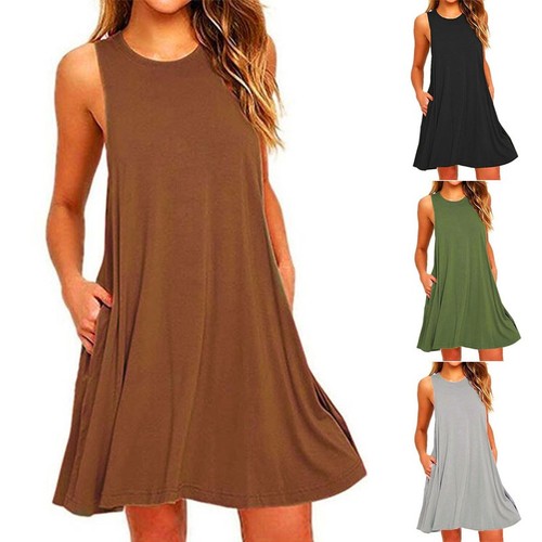 Dress Mini Summer Sundress A-Line Women Beach Black Casual Crew Neck Gray - Picture 5 of 22
