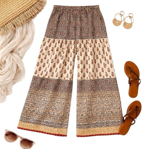 Studio Rasa Block Print Palazzo Pants Size 40 Tiered Wide Leg with Metallic Hem