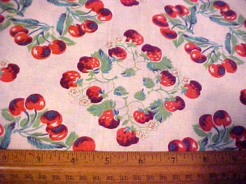 Vintage Feedsack w/ Red Cherries and Strawberries - Picture 3 of 5