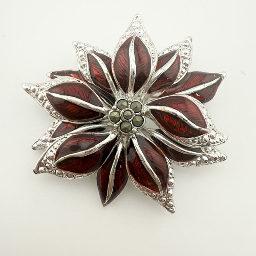 Red Poinsettia Flower Christmas Brooch Pin Silver Tone Enamel