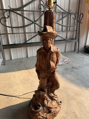 Vintage Western Cowboy Lamp Hand Carved Wood Figurine Rustic Cowboy Decor