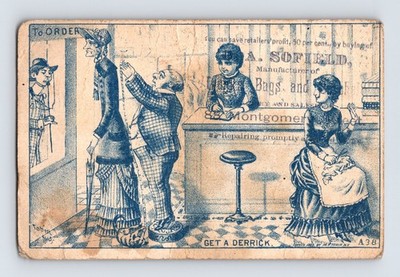 A Sorelle Trunk Factory 1880s Victorian Trade Card Get A Derrick - 3 x 4.5