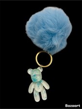 Teddy Bear Glitter Keychain with Pom Pom, Handmade Resin, Key Ring, Animal