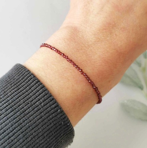 Red Garnet Faceted Round 2-3MM Gemstone Beads January Birthstone Bracelet 6-8" - Picture 6 of 9