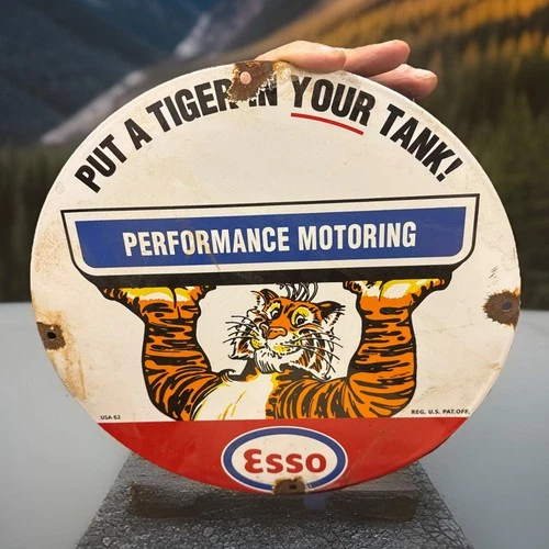 Vintage 12” ESSO Gas Oil Tiger In Your Tank Porcelain Enamel Metal Pump Sign