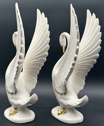 Vintage Swan Figure Pair MCM Art Deco Pottery Rhinestone Eyes Gold Highlights - Picture 10 of 16