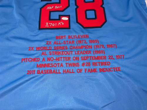 MINNESOTA TWINS BERT BLYLEVEN AUTOGRAPHED STITCHED JERSEY JSA COA W/INSC - Picture 2 of 4