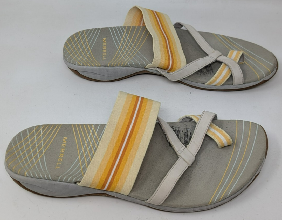 Merrell sandali donna zinnia fodera argento lino giallo grigio cinturino taglia 9 vintage