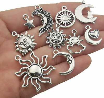 #ad 10 Assorted Sun Pendants Antiqued Silver Moon Celestial Mixed Charms $5.24