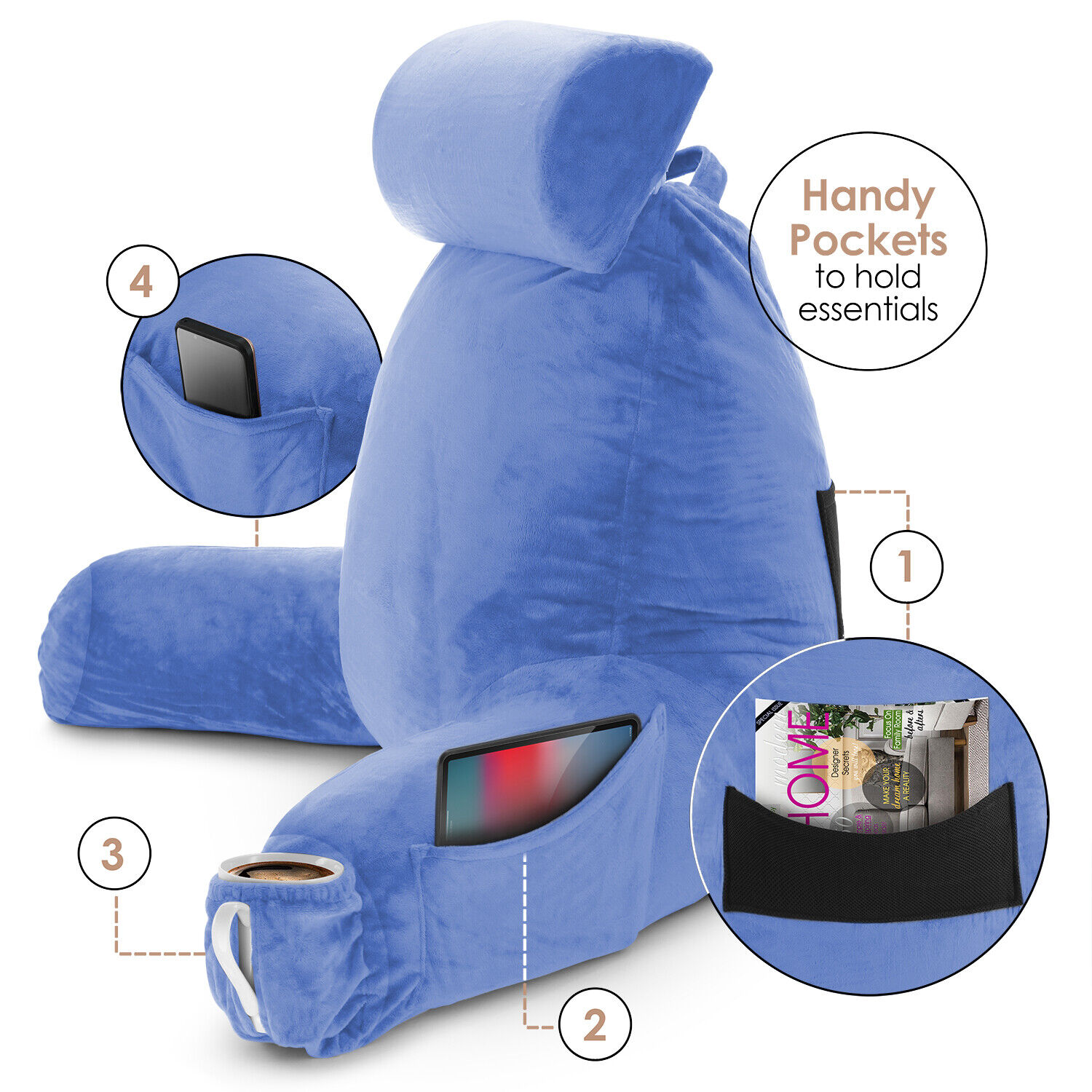 Large Soft Foam Reading & TV Relax Pillow + 2 Neck & Lumbar Pillows with Pockets - Picture 157 of 357