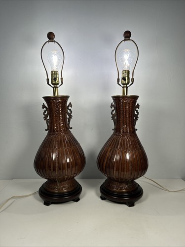 Pair (2) Vintage Donald Robinson Atlanta Wicker Rattan Table Lamps Works - Picture 10 of 15