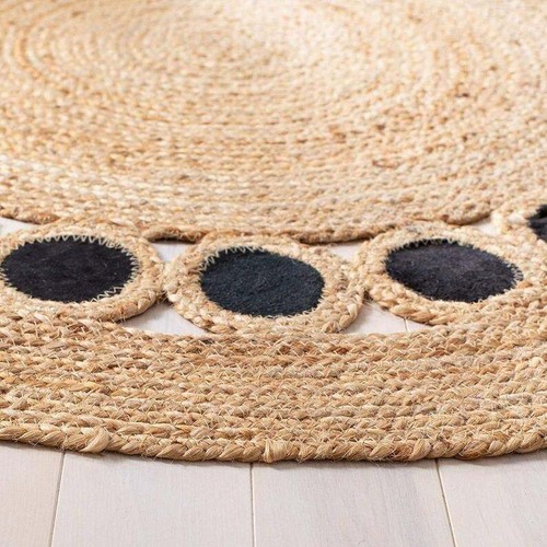 Indian Jute Rug Round Jute Carpet With Black Circle Braided Nursery Jute Rug Mat - Picture 5 of 5