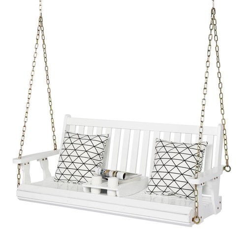 Wooden Patio Porch Swing with Cup Holder Outdoor Swing Chair Bench with Chains