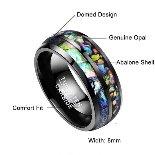 8mm Abalone shell Genuine Opal Black Tungsten Caibide Wedding Ring Band NEW* - Picture 2 of 12