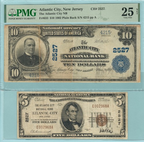 Atlantic City NJ 2527 SET $10 1902PB + $5 1929-1 Atlantic City Natl Bank, VFs - Picture 1 of 8