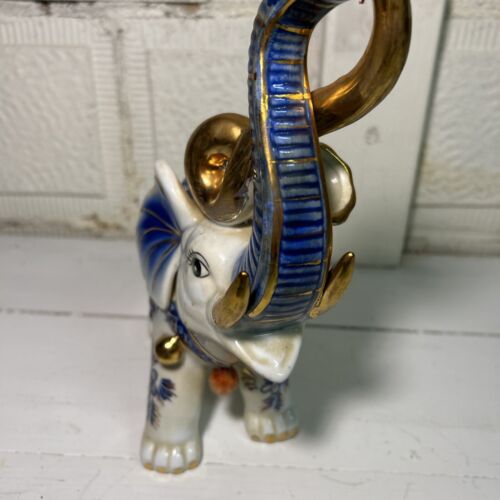 Asian Style Ceramic Glazed Decorated Elephant Statue Figurine Blue, Gold, White - Picture 3 of 9