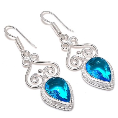 Swiss Blue Topaz Gemstone Handmade 925 Sterling Silver Jewelry Earring Sz 2''