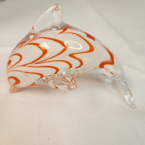 Murano Style Glass Dolphin Orange & White Art Paperweight 3" H x 4.5" W Flaws - Picture 1 of 12