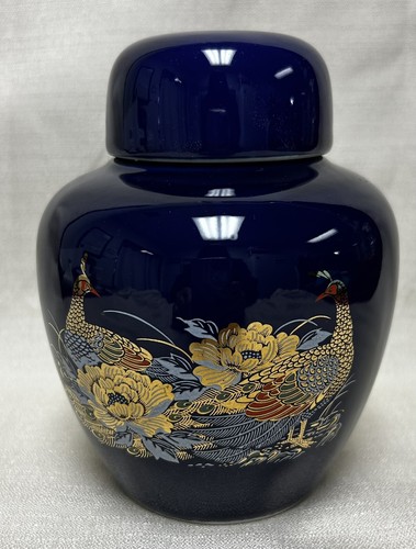 E5913 Japanische Asiatische Ingwer Dose Kobaltblau Vögel Pfauen mit Deckel