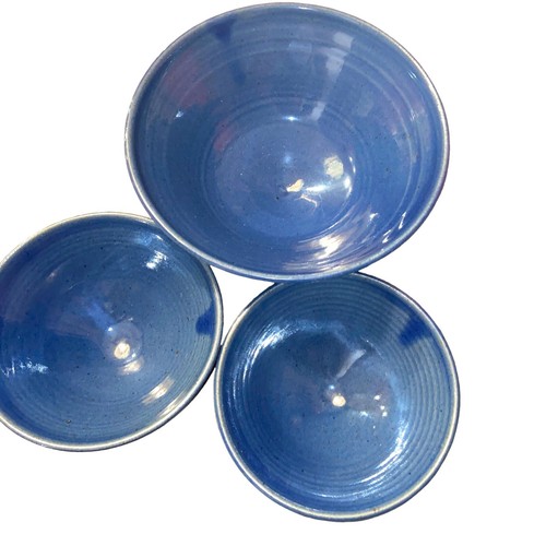 Signed Studio Pottery Bowl Set Blue Wheel-Thrown Stoneware Artisan Duck Mark - Picture 9 of 9