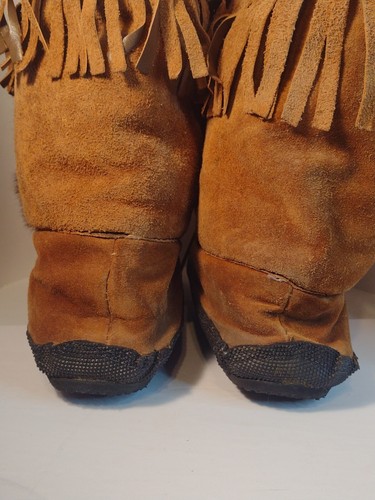 Vtg. Leather W Fringe And Fur Beaded Moccasins High Top - Picture 13 of 22