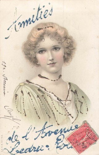 CP ILLUSTREE PAILLETTES AMITIES PORTRAIT FEMME ELEGANTE ROSE AUX JOUES - 34252