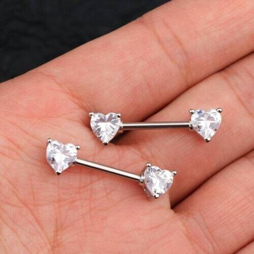 1Ct Heart Lab-Created Nipple Ring 2Pcs Body Piercing Barbell 14K White Gold Over