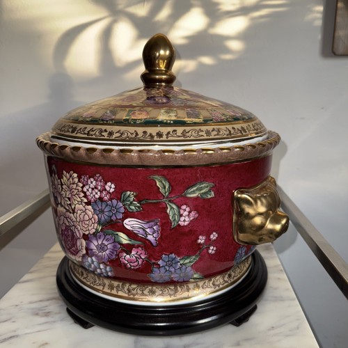 Vintage Oriental Accent Porcelain Tureen Red & Gold Floral w/ Boar Head Handle - Picture 2 of 18