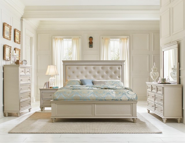 Traditional Pearl Silver Finish 5 Piece Bedroom Set W King Upholstered Bed Ia4l