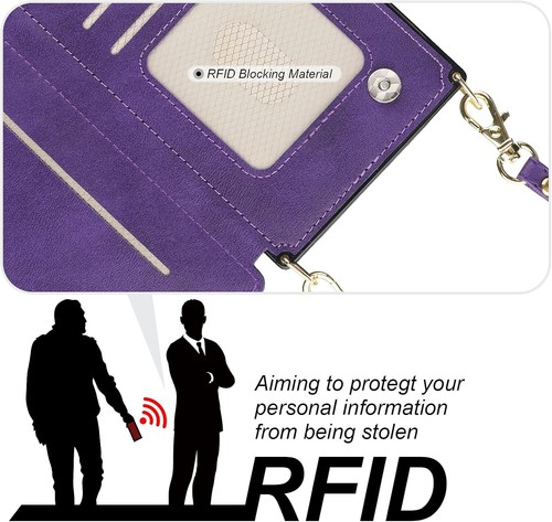 iPhone 13 Crossbody Wallet Case, RFID Blocking, Magnetic Flip, Purple - Picture 4 of 8