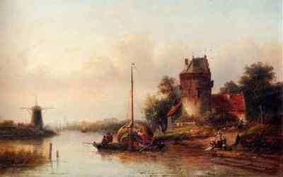 Blechschild Spohler Jan Jacob Eine Flusslandschaft im Sommer mit einem festgemachten Heukahn